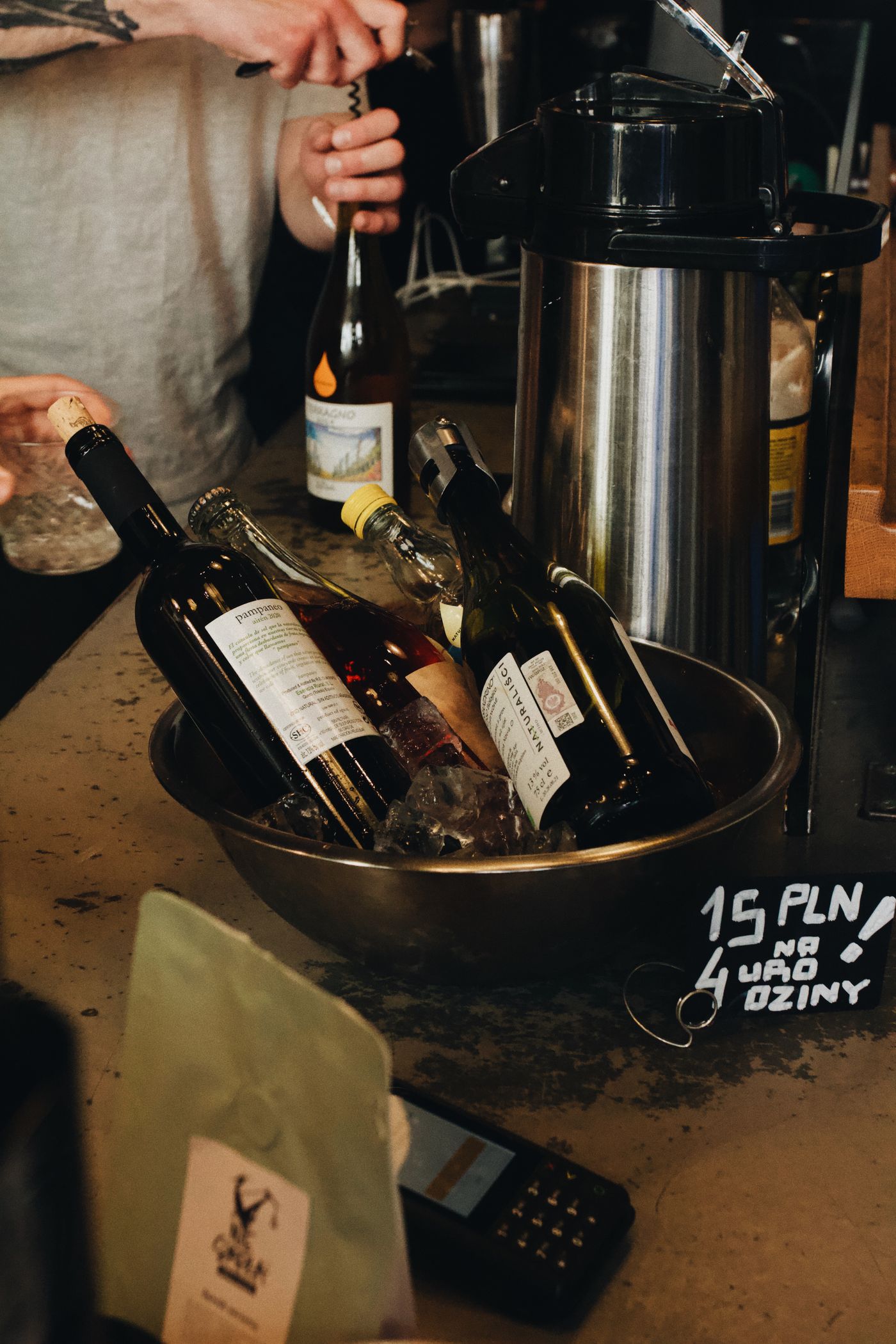 Bottles on ice at the bar